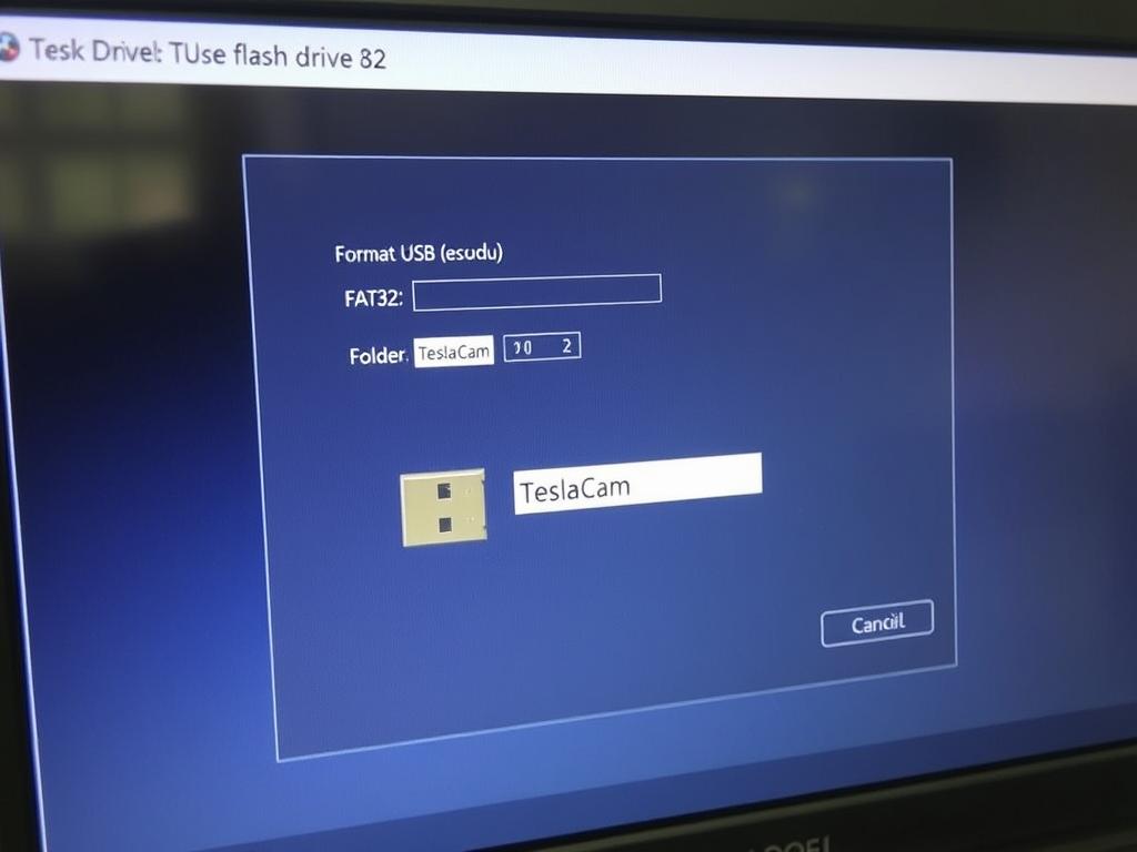 USB flash drive being formatted for Tesla dashcam with TeslaCam folder visible