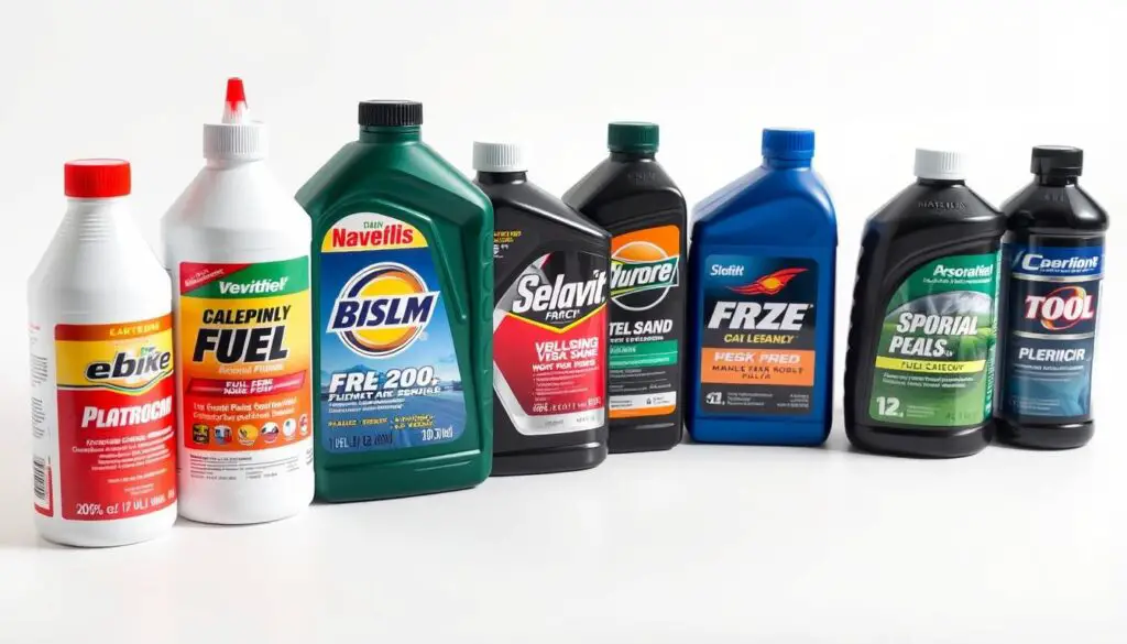 Various manufacturer-approved fuel additives arranged in a row