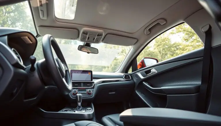 Various plastic components in a modern car interior showing dashboard, center console and door panels