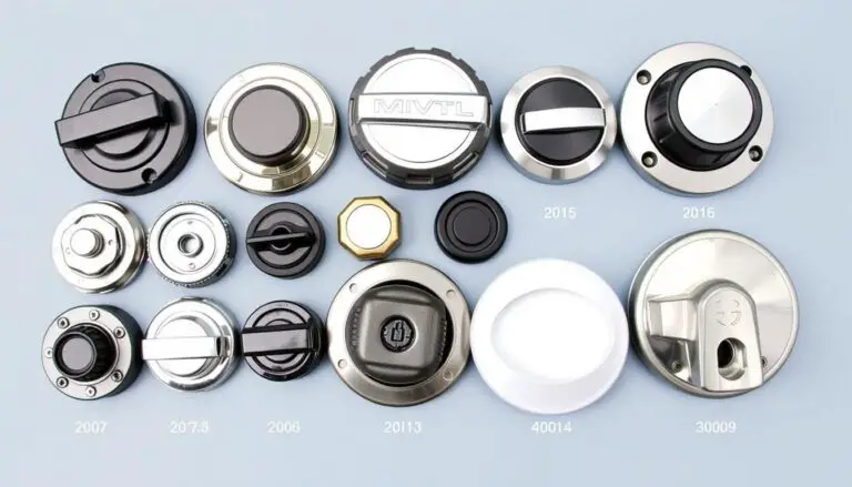 Various vehicle gas caps showing different designs and compatibility features