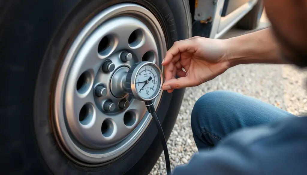 Vehicle being prepared for gravel road travel with proper tire pressure check as part of driving on gravel or dirt roads safety tips Vehicle being prepared for gravel road travel with proper tire pressure check as part of driving on gravel or dirt roads safety tips