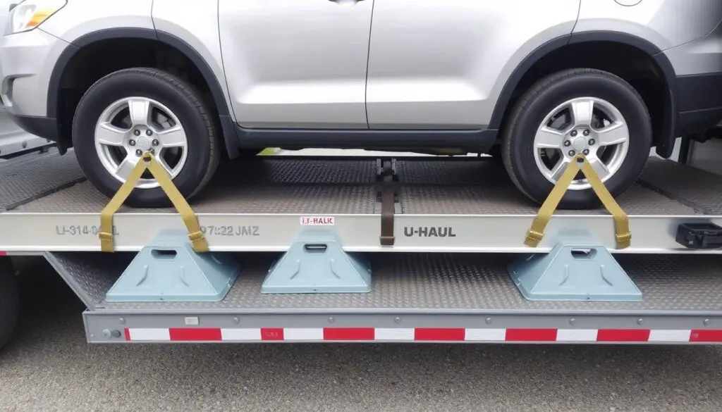 Vehicle being properly secured on a U-Haul auto transport trailer within weight limits