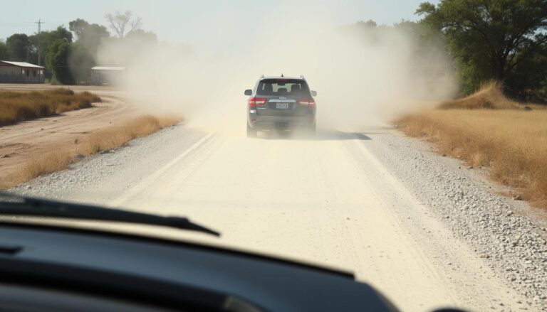 Vehicle driving on a dusty gravel road showing reduced traction and visibility challenges when driving on gravel or dirt roads