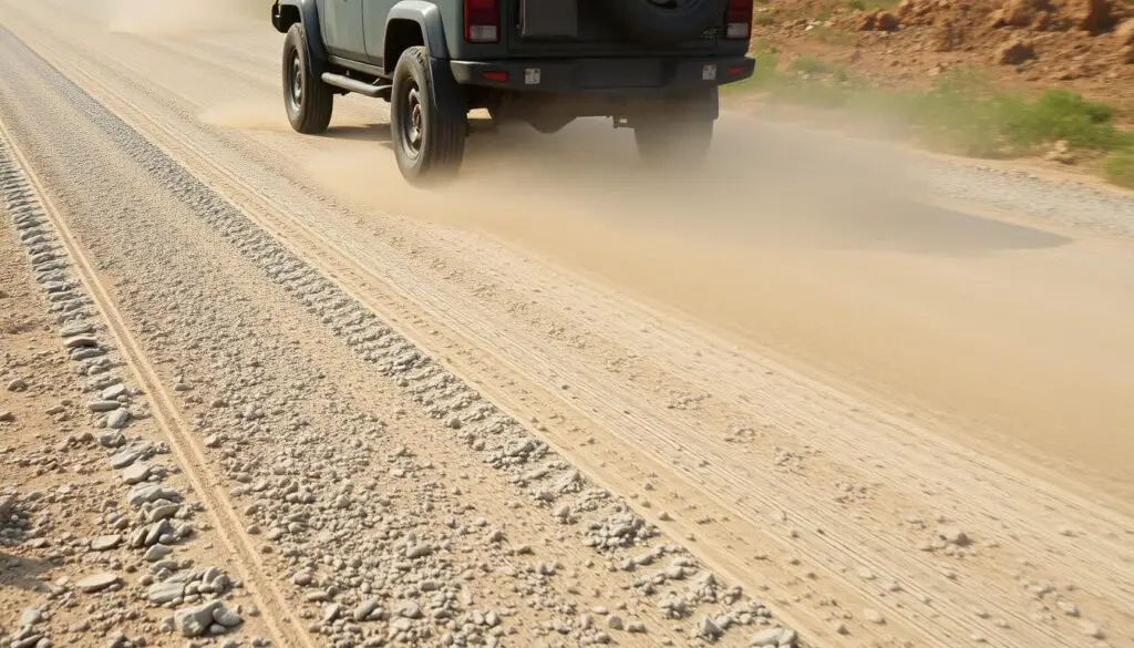 Vehicle navigating a washboard section of gravel road demonstrating driving on gravel or dirt roads safety tips Vehicle navigating a washboard section of gravel road demonstrating driving on gravel or dirt roads safety tips
