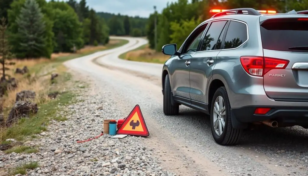 Vehicle safely pulled over on a gravel road with emergency supplies visible as part of driving on gravel or dirt roads safety tips Vehicle safely pulled over on a gravel road with emergency supplies visible as part of driving on gravel or dirt roads safety tips