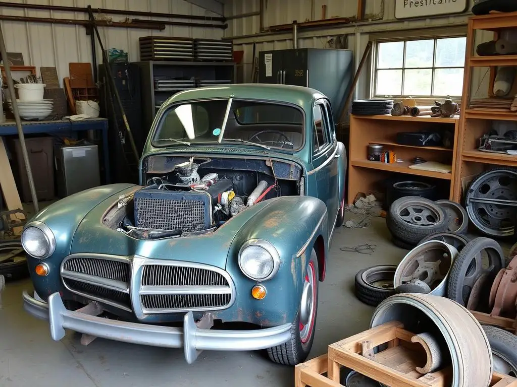 Vintage car undergoing restoration with specialized parts Vintage car undergoing restoration with specialized parts