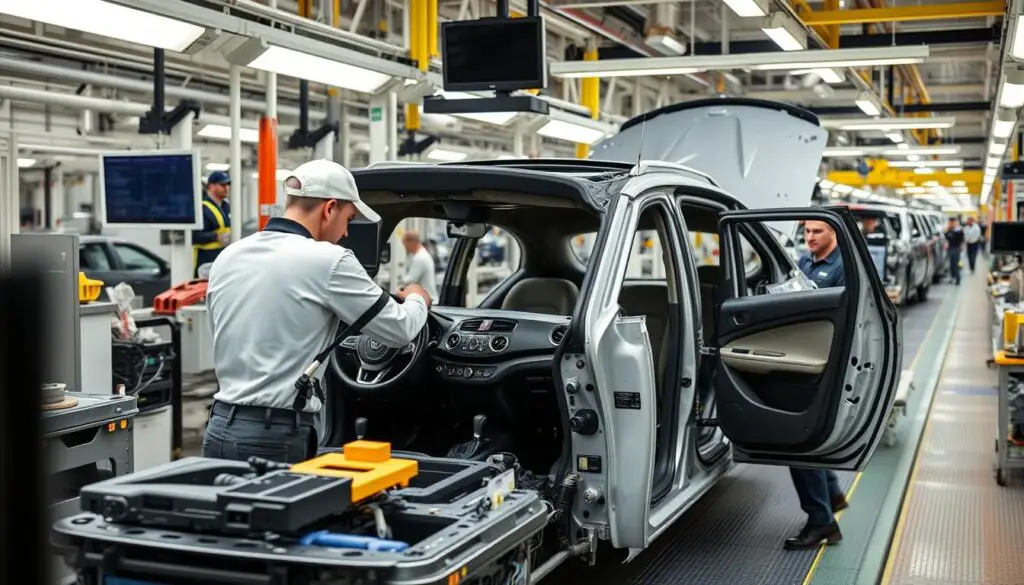 Workers installing interior components in a car on the assembly line Workers installing interior components in a car on the assembly line