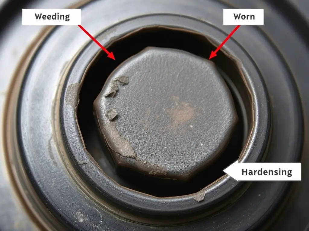 Worn gas cap gasket showing deterioration signs indicating need for replacement