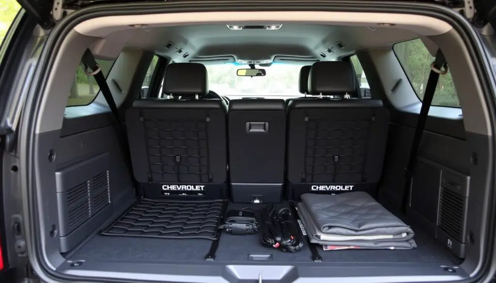Chevrolet Suburban cargo management system with dividers, nets, and tie-downs