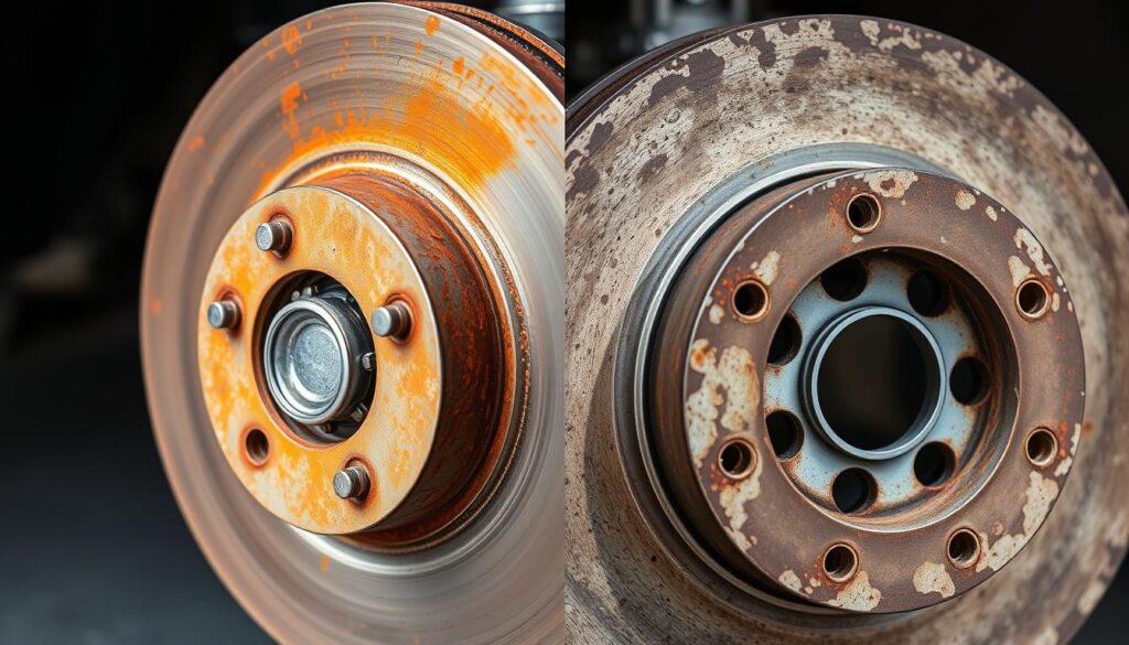 Comparison showing normal surface rust versus deep pitting corrosion on brake rotors
