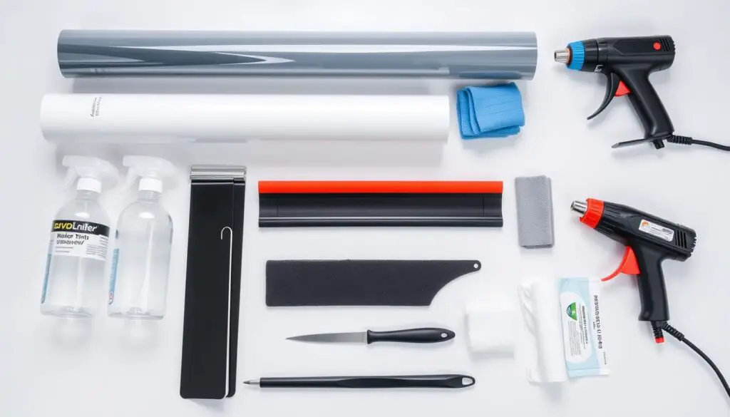 Complete set of window tint application tools laid out