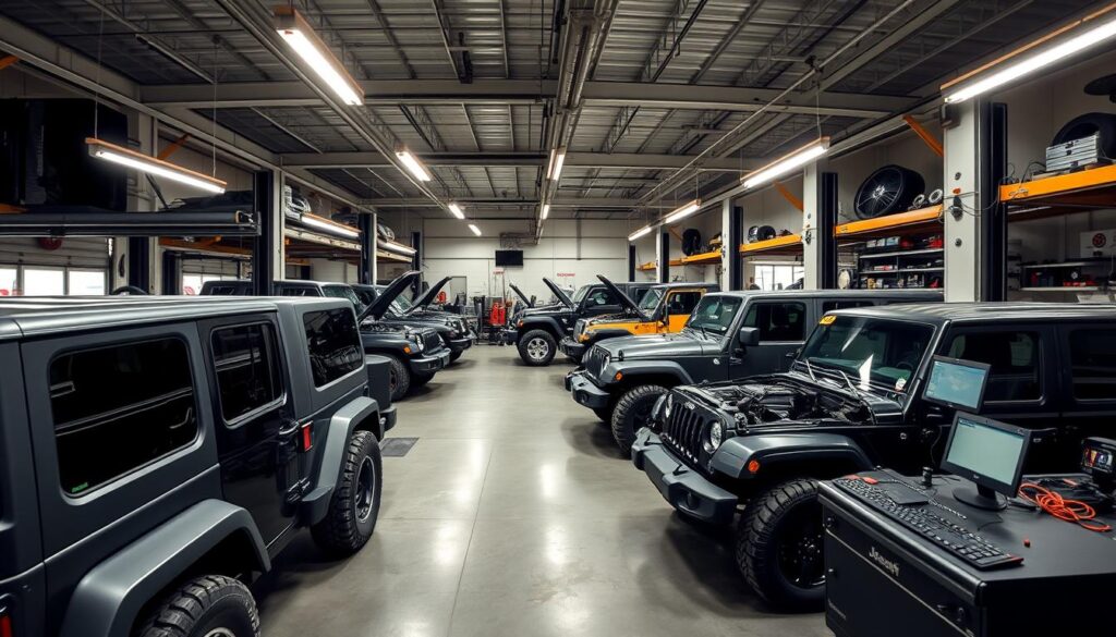 Comprehensive service bay at an independent Jeep specialist shop with multiple Jeeps being serviced