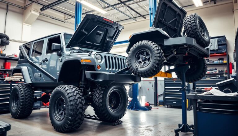 Independent Jeep specialist working on a Jeep Wrangler in a well-equipped garage