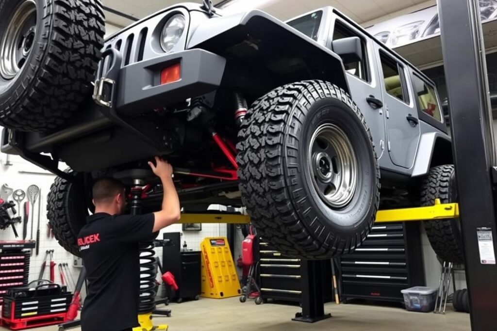 Jeep Wrangler undergoing specialized off-road preparation service at independent shop