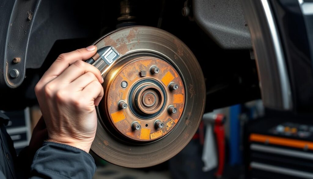 Mechanic inspecting severely rusted brake rotor on a vehicle