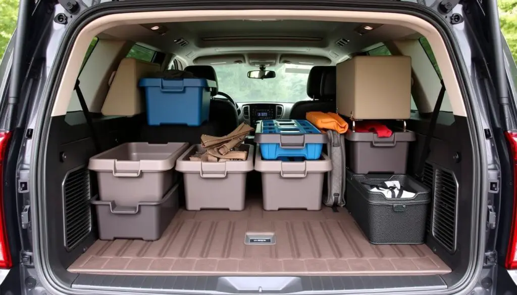 Organized Suburban cargo area with storage bins, dividers and efficient packing