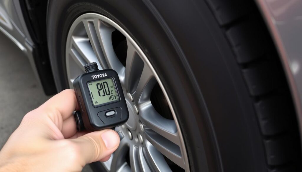 Person checking Toyota Highlander tire pressure as part of regular maintenance to prevent TPMS beeping