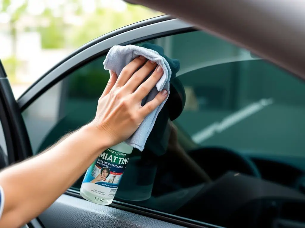 Person cleaning tinted window with proper technique