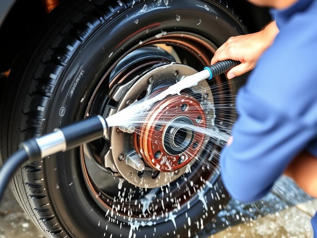 Person washing a vehicle's wheel area, focusing on cleaning the brake components