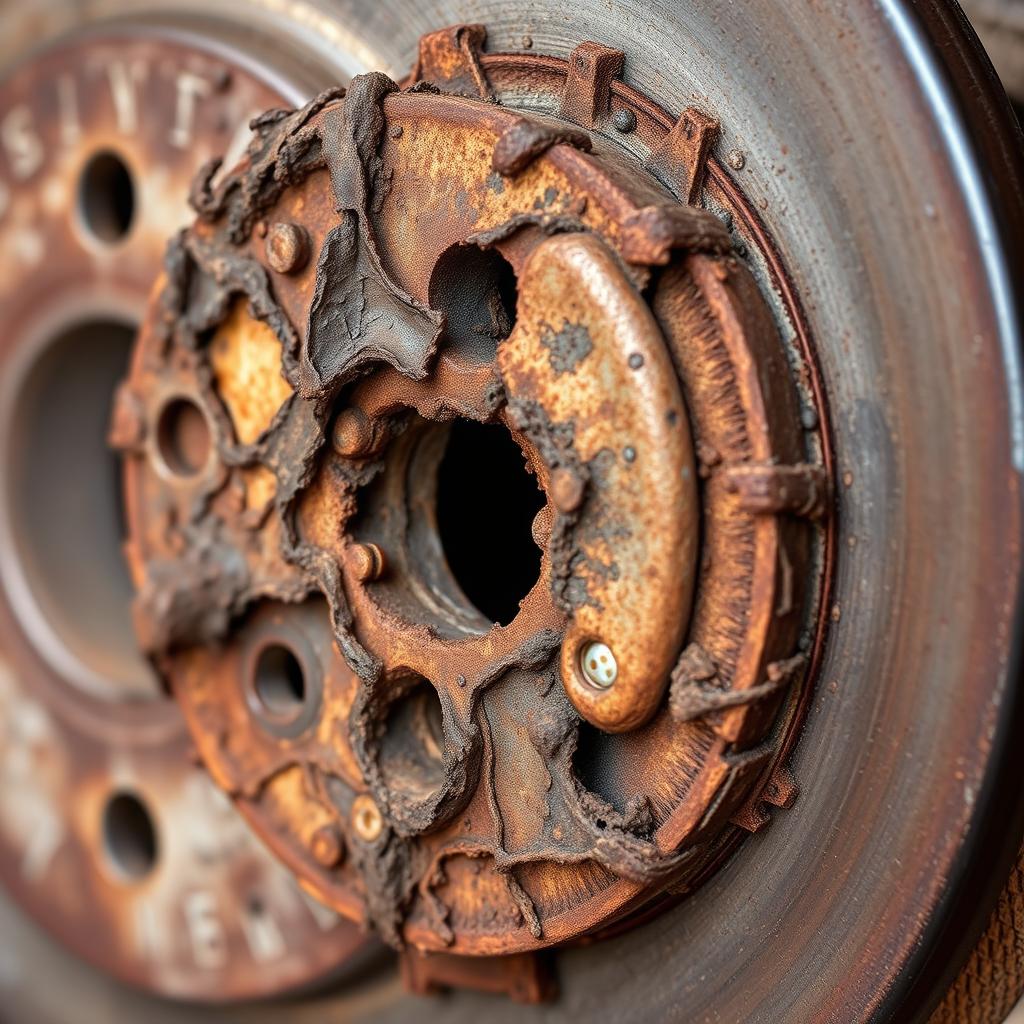 Problematic deep pitting rust on a brake rotor requiring attention