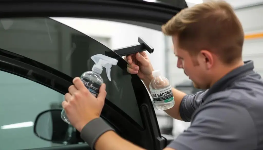 Professional applying window tint to car window interior
