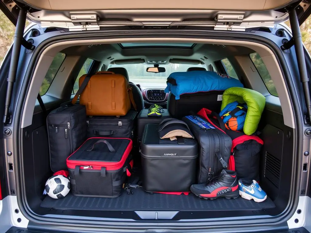 Suburban cargo area packed with luggage, sports equipment, and camping gear showing real-world capacity