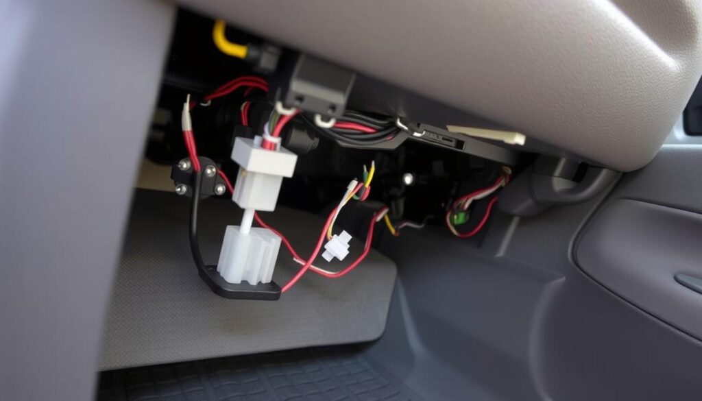 Toyota Highlander electrical components under seat showing wiring connections that might cause beeping if loose