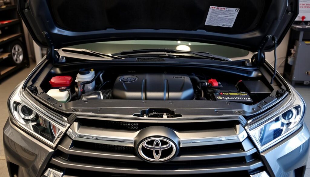 Toyota Highlander with hood open showing engine bay and maintenance areas that might trigger warning beeps while driving