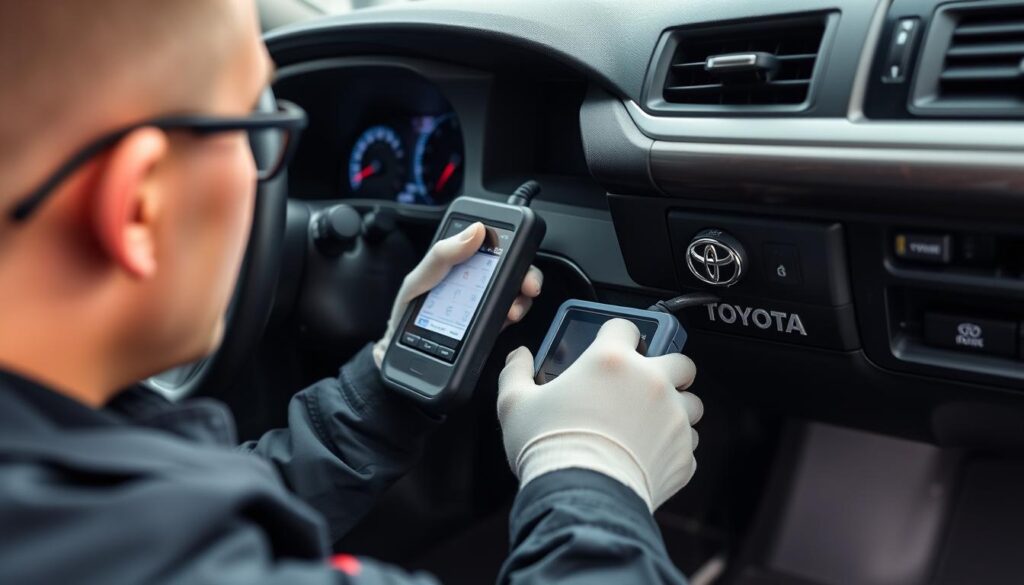 Toyota technician using diagnostic equipment on a Highlander to troubleshoot beeping issues