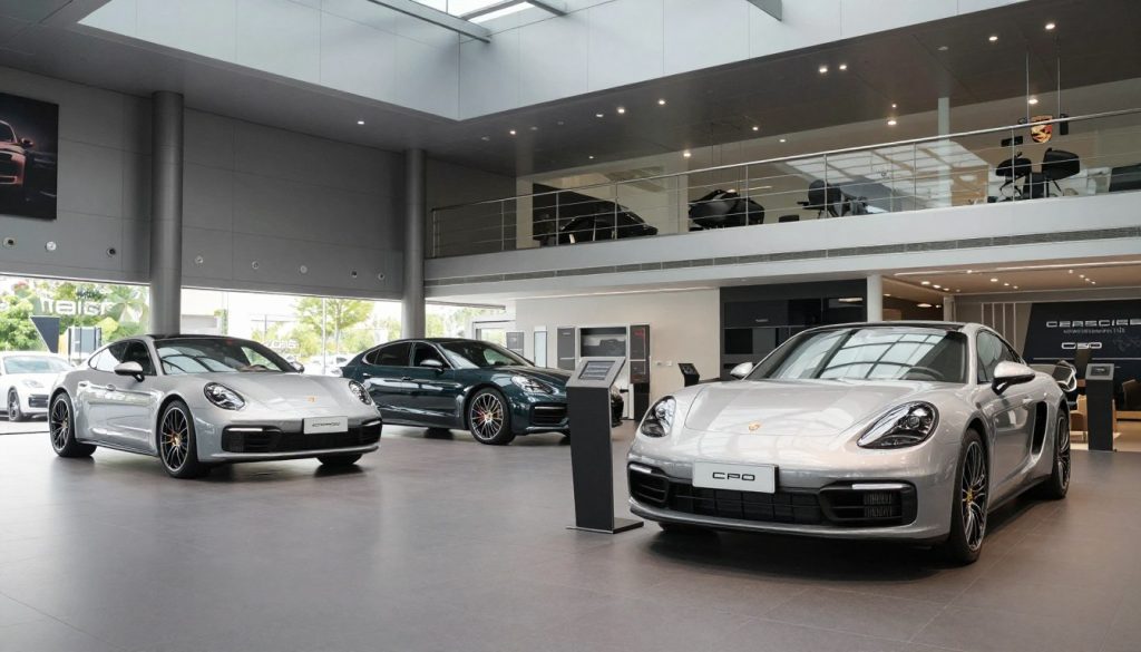 Modern Porsche dealership showroom displaying Certified Pre-Owned vehicles