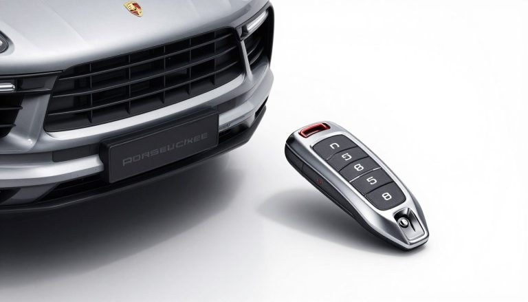 Porsche key fob next to a Porsche vehicle