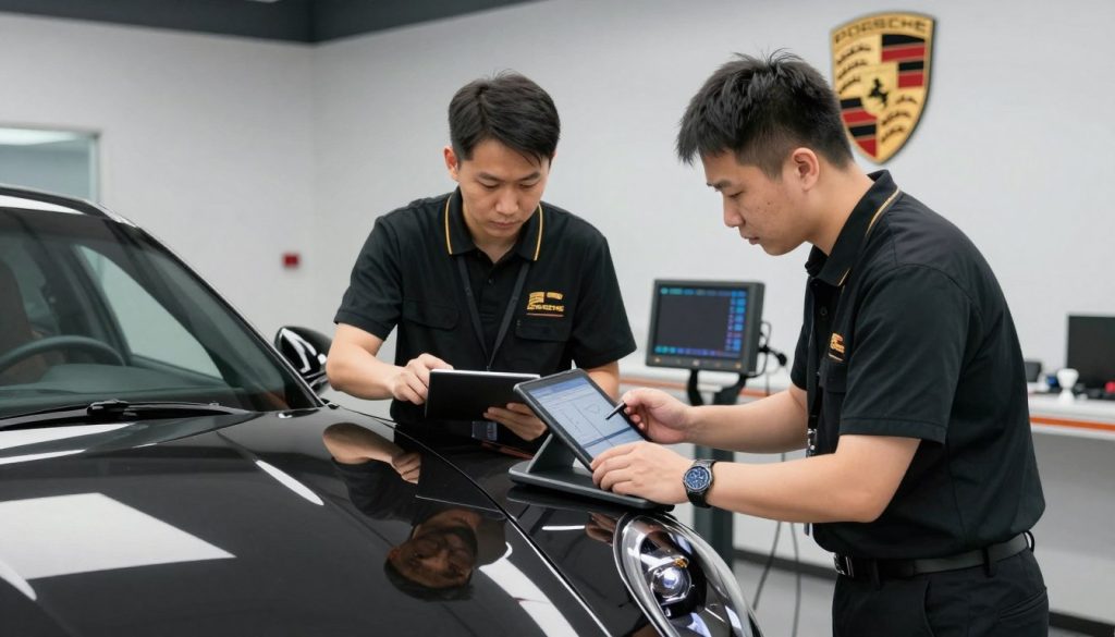Porsche technicians conducting the 111-point inspection on a Certified Pre-Owned Porsche