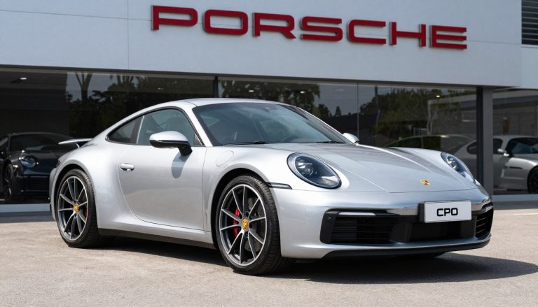 Silver Certified Pre-Owned Porsche 911 parked in front of a Porsche dealership with CPO badge visible