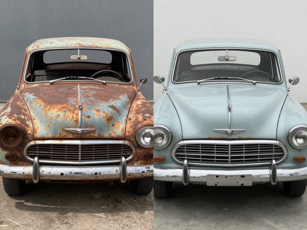 A before and after comparison of a classic car restoration