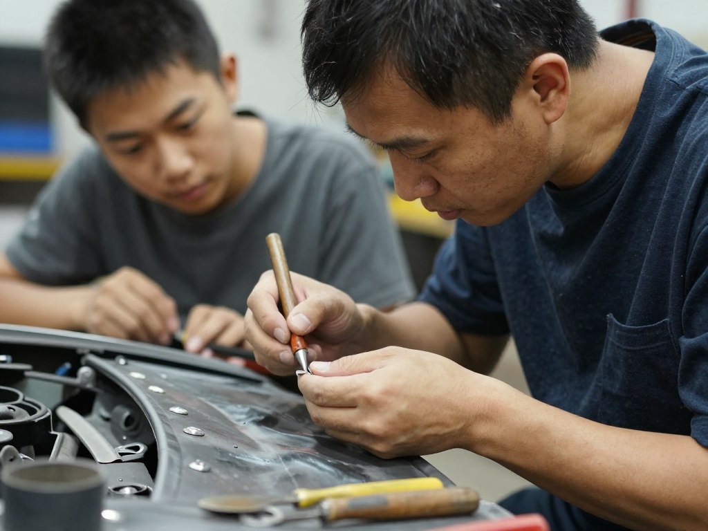 A young apprentice learning restoration skills from an experienced mechanic