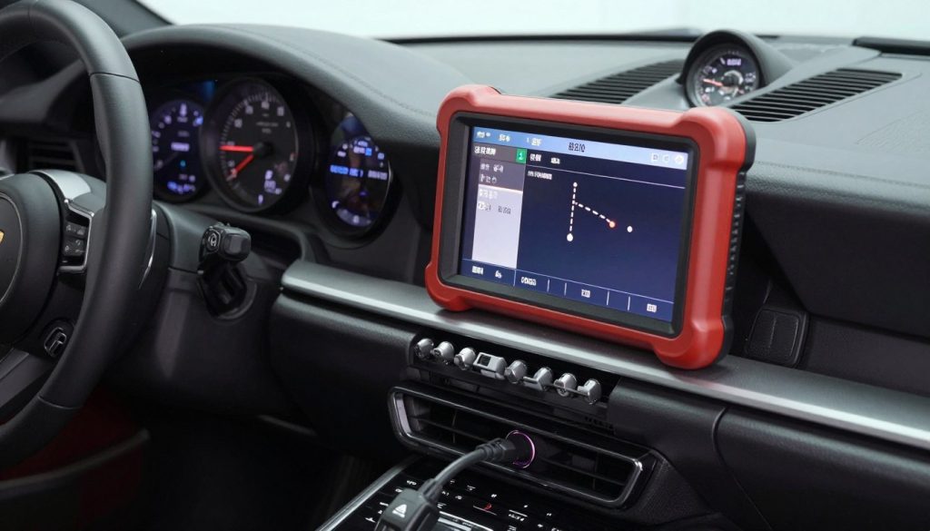 Automotive diagnostic scanner connected to Porsche OBD port