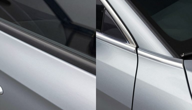 Car door edge with and without protection showing damage difference