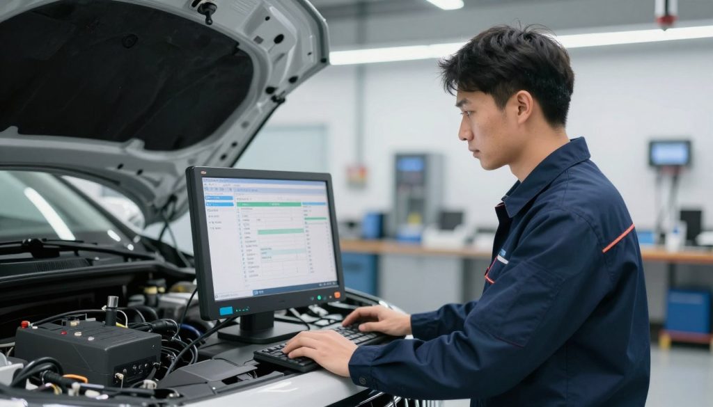 Certified mechanic performing professional airbag system diagnostic work