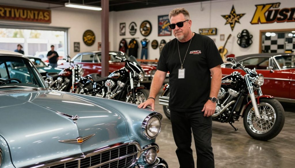 Counting Cars host Danny Koker examining a classic American car