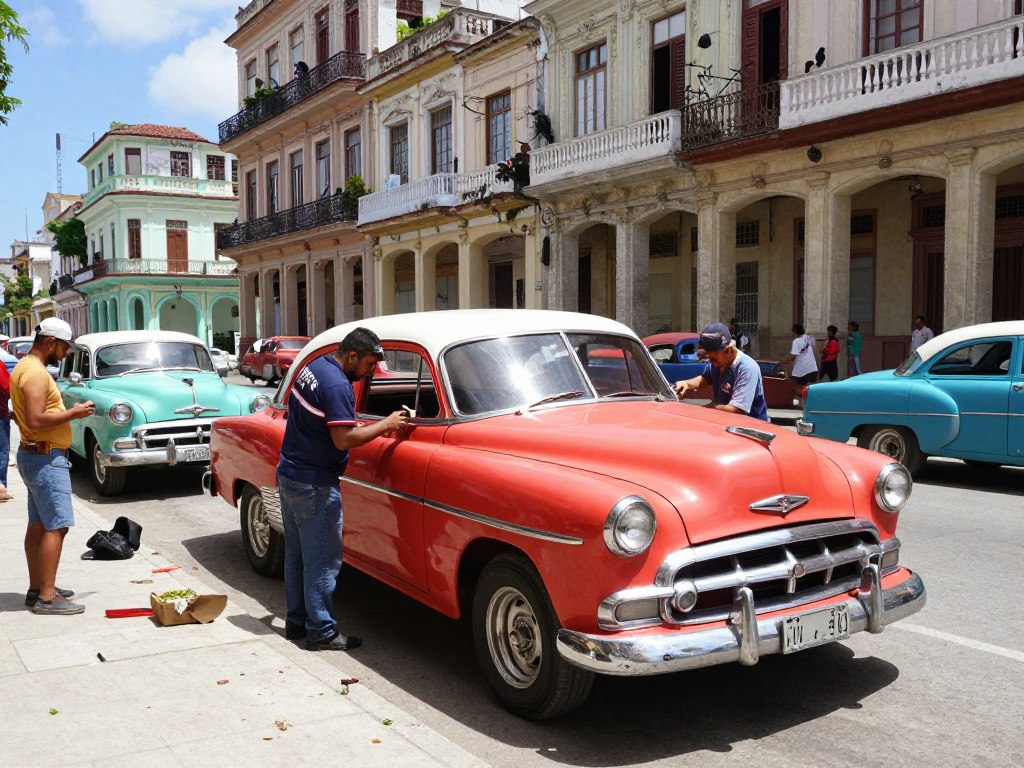 Cuban Chrome team working on a vintage American car in Havana