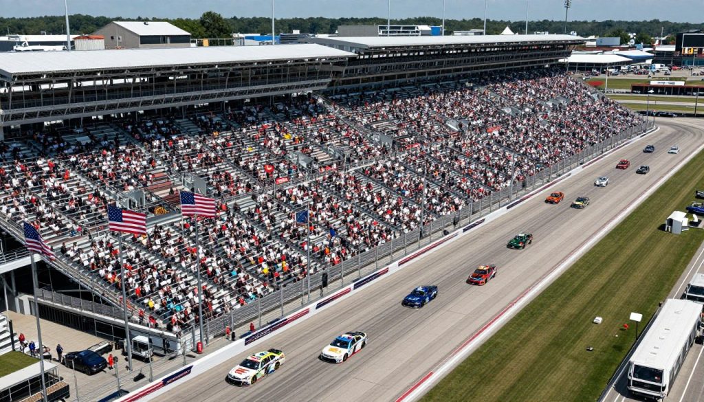 Daytona 500 race with packed grandstands and cars racing on the banking