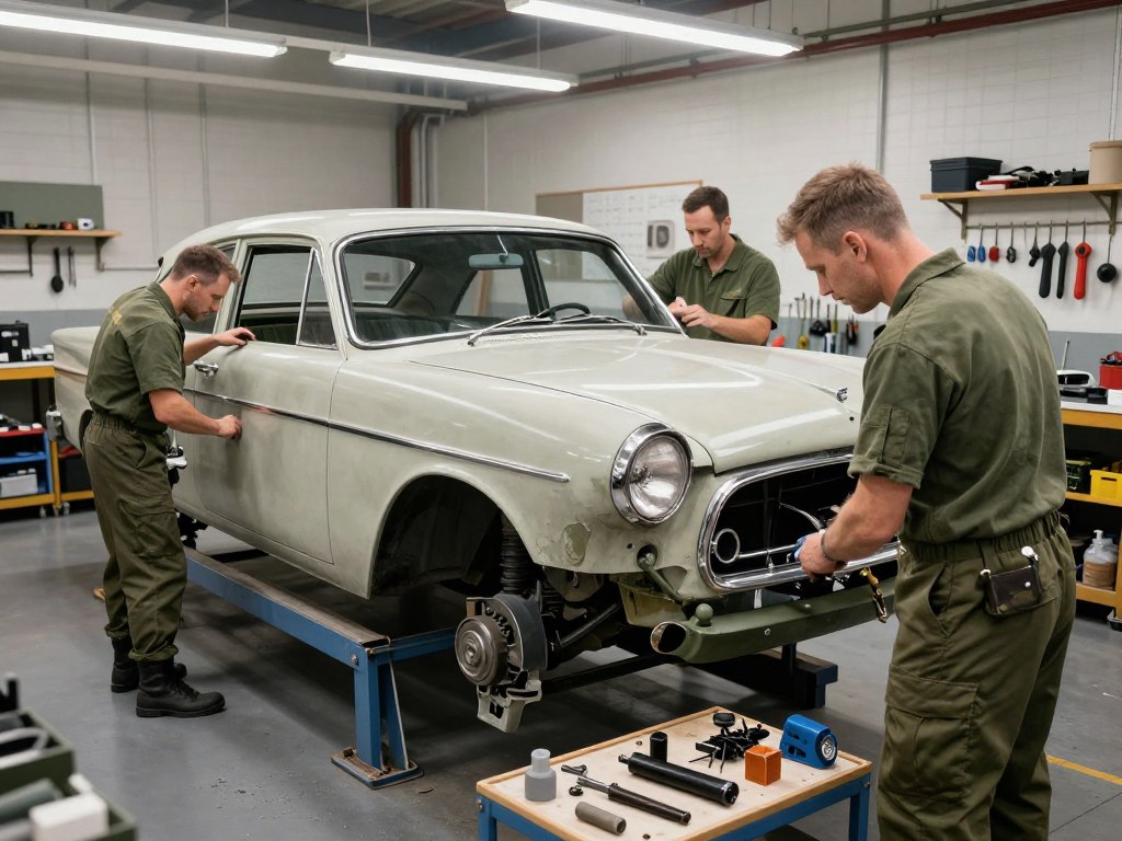 FantomWorks team working on a detailed classic car restoration