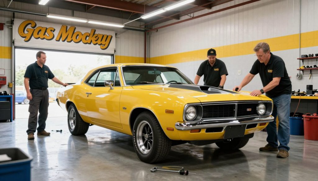 Fast N' Loud crew at Gas Monkey Garage working on a classic American muscle car