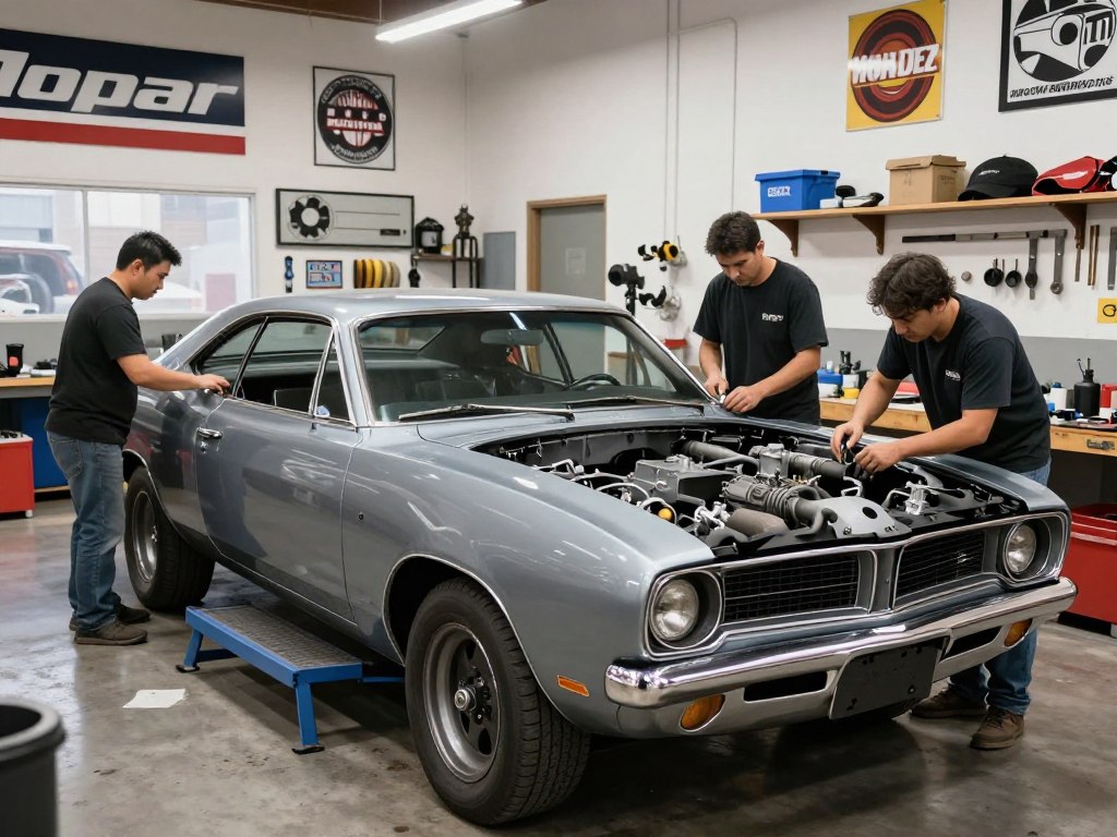 Graveyard Carz team working on a Mopar muscle car restoration