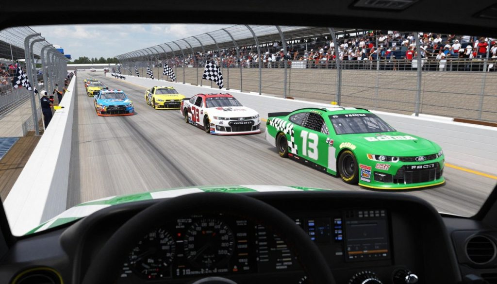 NASCAR race showing stage-end competition with cars racing side by side