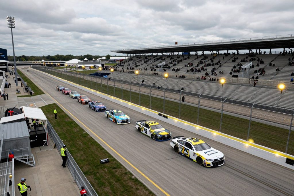 NASCAR race under caution flag with pace car leading the field