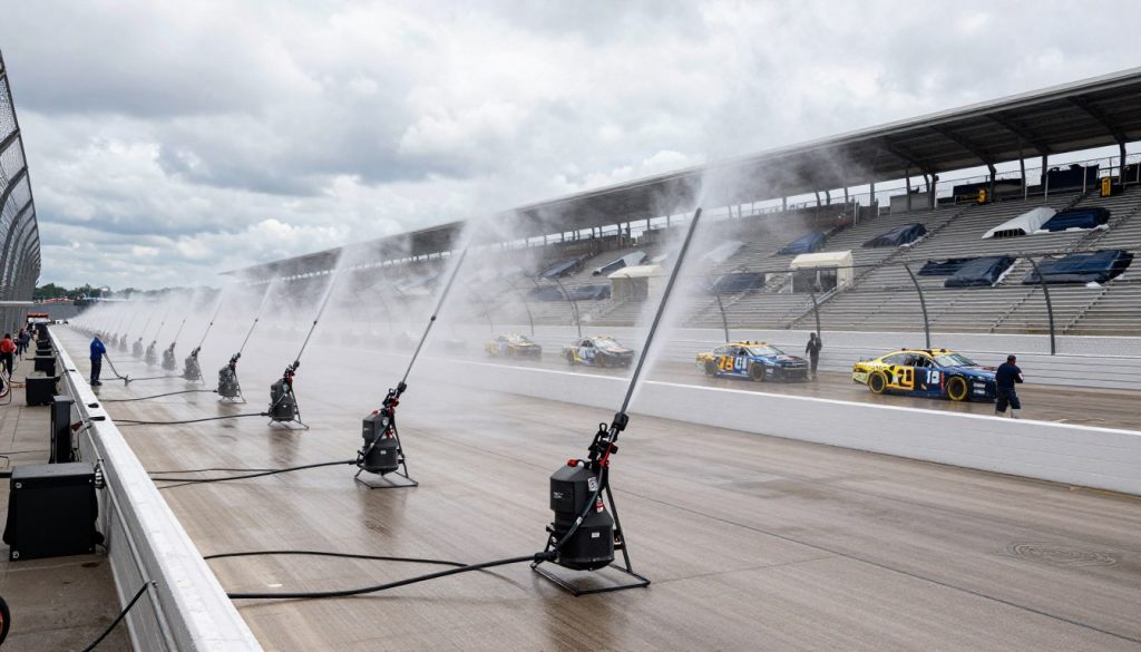 NASCAR track being dried after rain with jet dryers on track
