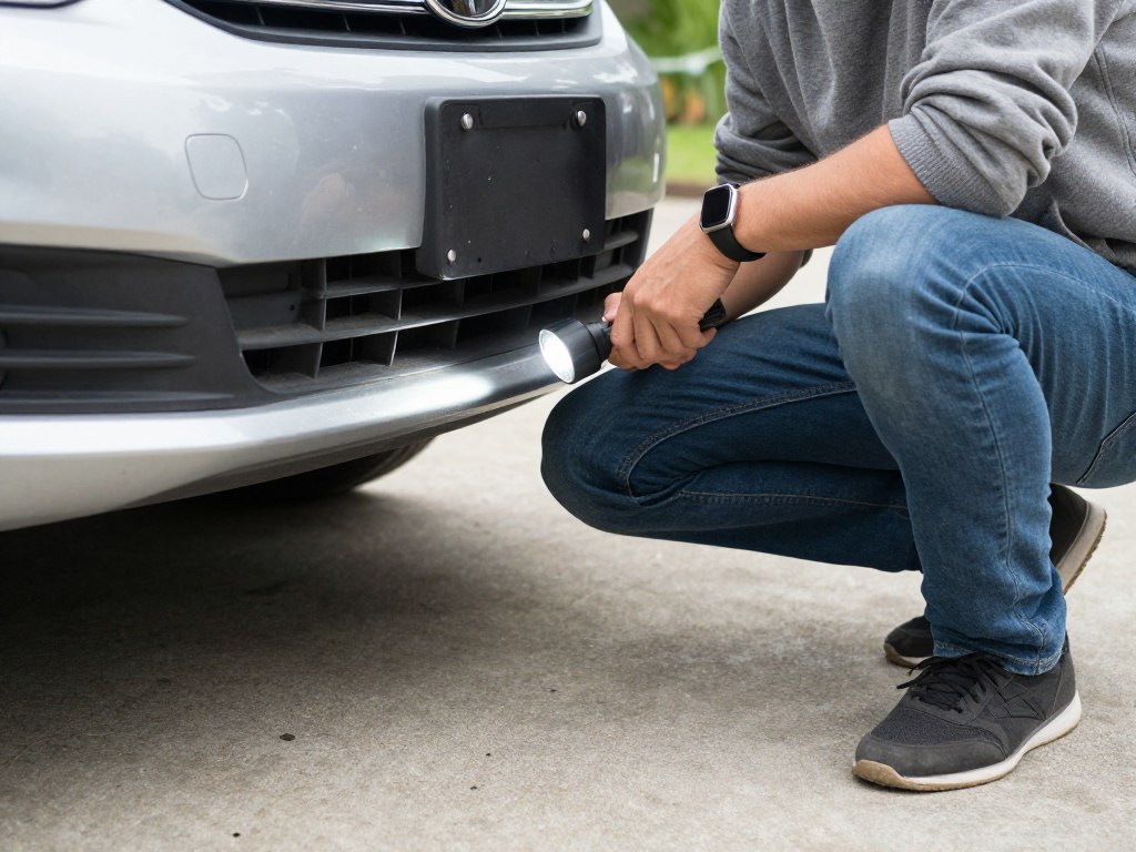 Person inspecting plastic piece under front bumper during car maintenance