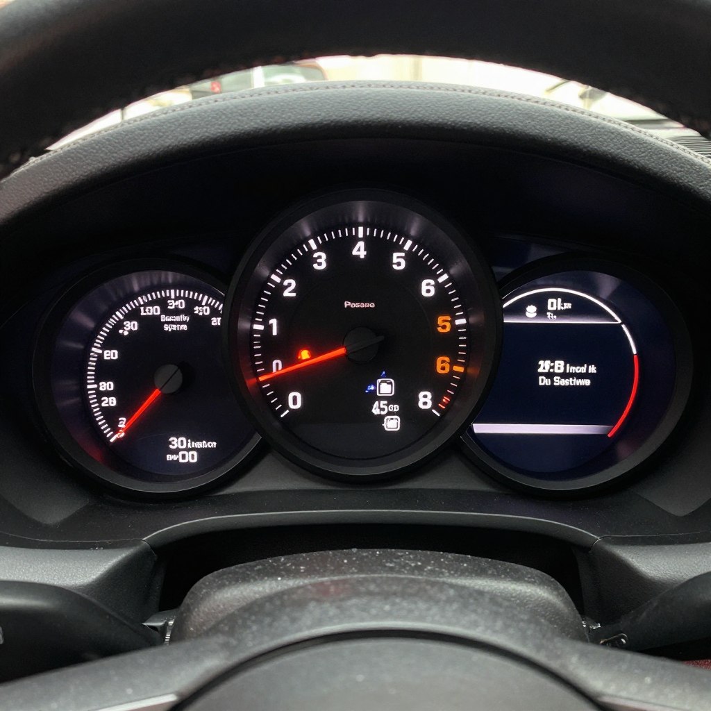 Porsche dashboard showing multiple warning lights