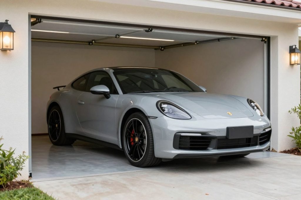 Porsche parked in covered garage with stable environment